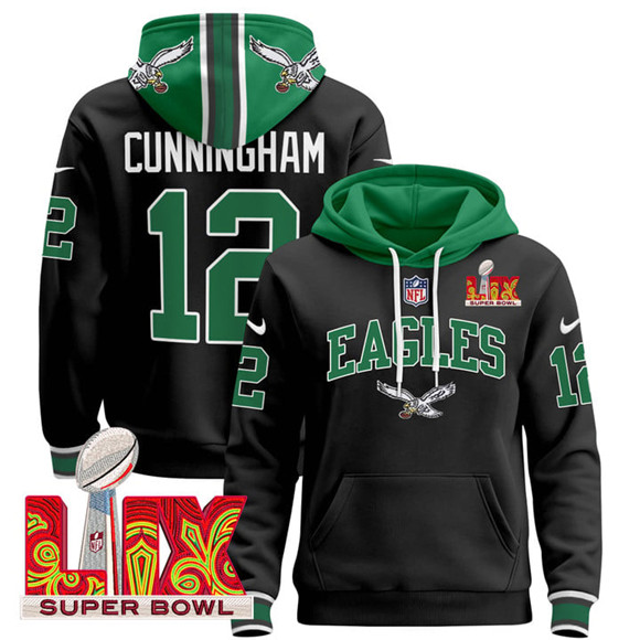Men's Black Philadelphia Eagles #12 Randall Cunningham 2025 Super Bowl LIX Patch Pullover Stitched Hoodie